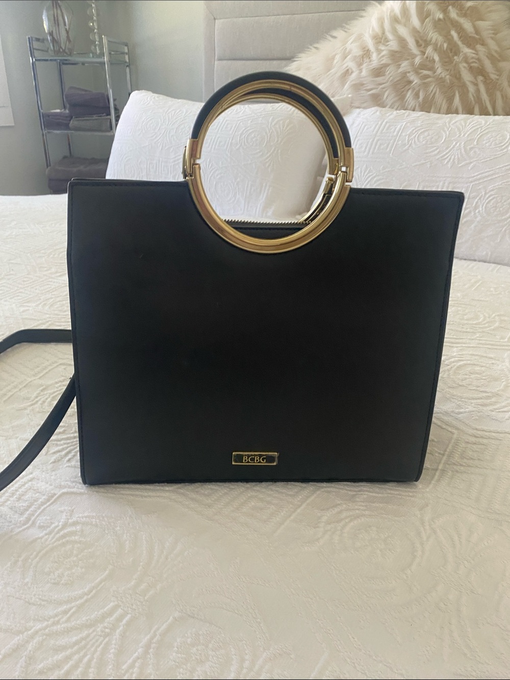 BCBG Black Purse with Gold Ring Handles